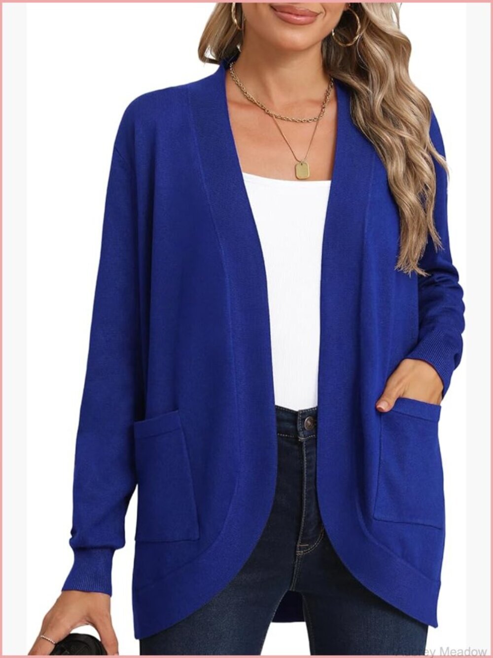 Long Sleeve Knit Sweater Cardigan Open Front with Pockets Curved Hem